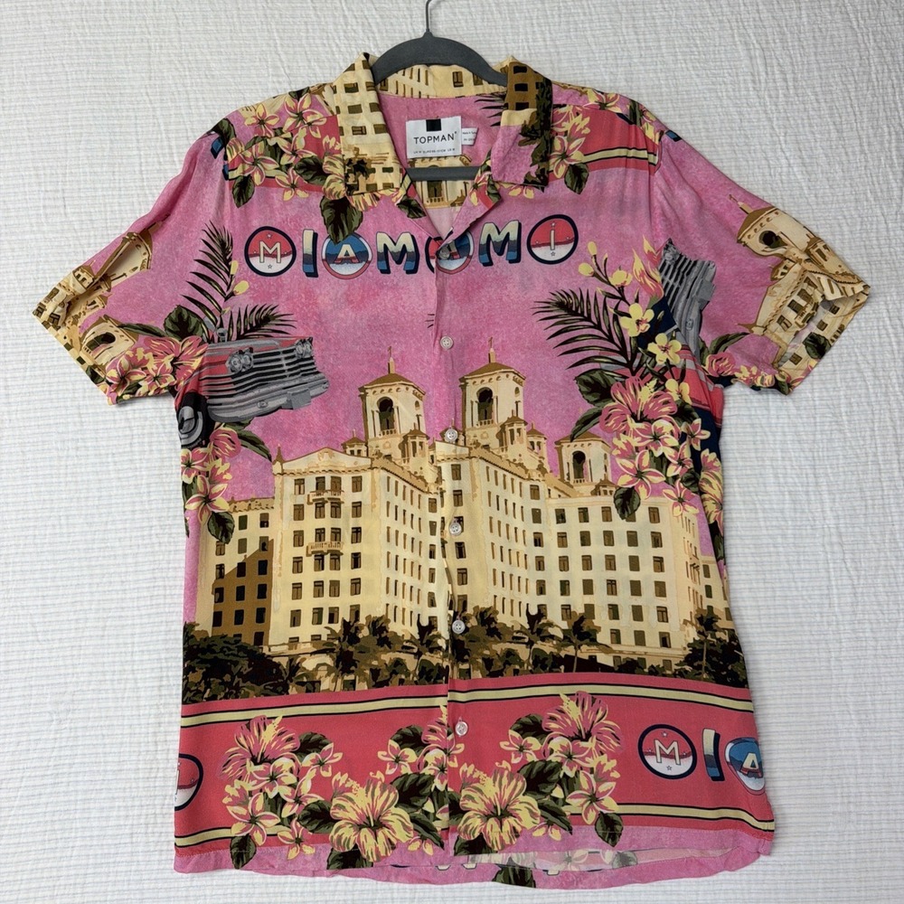 Topman Pink Miami Button Up Shirt Men Short Sleeve Viscose Colorful  Size M